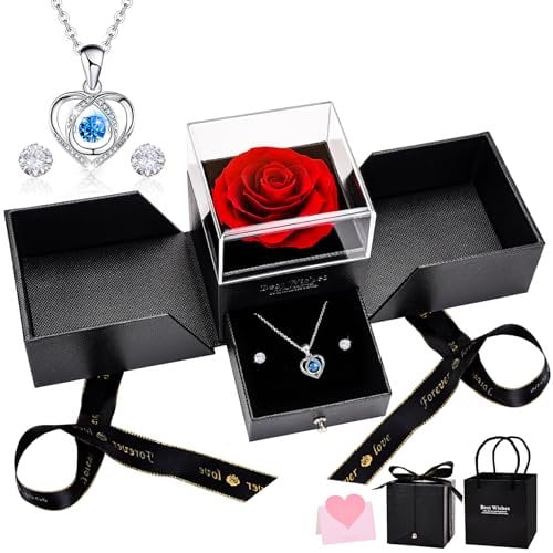 UUEMB Preserved Real Rose, Forever Rose Gift Box with Heart Shaped Necklace and Earrings, Gifts for Mother Wife Girlfriend Sister Daughter Women on Birthday, Anniversary, Valentine's Day, Mother's Day