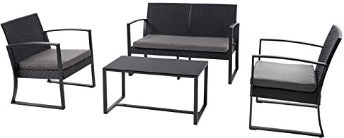 SVITA LOIS XL Poly Rattan Sitzgruppe Gartenmöbel Metall-Garnitur Balkonmöbel Tisch Sessel (Schwarz/Grau)
