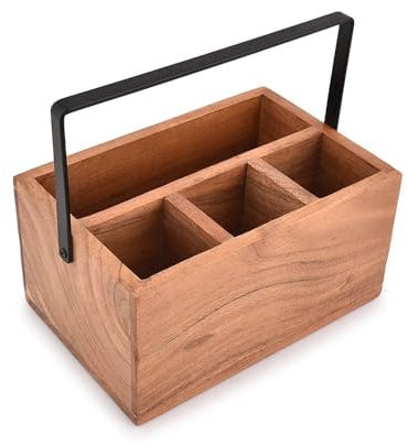 Indus Lifespace Utensil Holder Acacia Wood 4-Compartment Kitchen Caddy for Flatware for Spoons, Forks, Knives, and Cooking Tools (9 X 6 X 4.5)