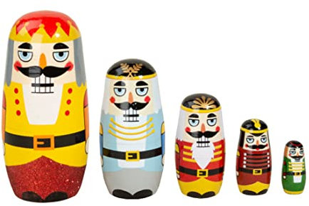Boerni Set of 5 Christmas Nutcracker Soldier Figures Nesting Dolls,Cute Fairy Tales Wooden Handmade Russian Doll Matryoshka Dolls Stacking Toy Ornaments for Kids Gift Birthday Home Xmas Party Décor