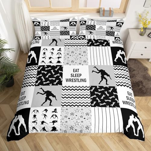 Wrestler Bettbezug Set S Größe,Ringen Sport Bettwäsche Set Kinder Teens Jungen Erwachsenenzimmer Dekor,Grau Weiß Schwarz Plaid Tröster Abdeckung Gestreifte Sterne Patchwork Quilt Cover,1 Kissenbezug