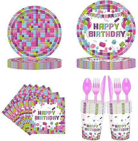 fanquare Lila Baustein Geburtstag Partyteller Set 120 Stück Geburtstag Partygeschirr 24 Gäste Pappteller Tassen Servietten und Gabeln für Geburtstag Party Dekoration liefert Partyzubehör