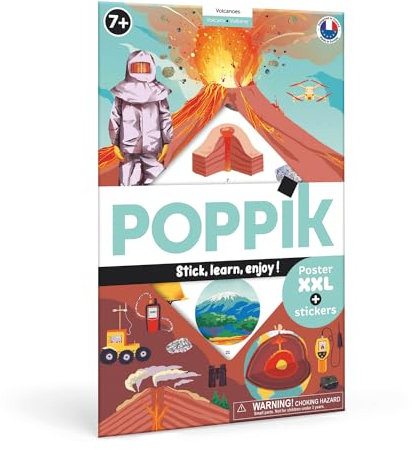 POPPIK 1841259 Sticker-Poster, Vulkane, interaktives Lernposter mit ablösbaren Aufklebern, mehrsprachiges Vulkanposter, für Kinder ab 7 Jahren, 68 x 100 cm