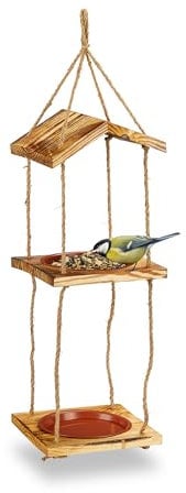Relaxdays Vogelfutterstation Holz, zum Aufhängen, Futterspender Wildvögel, 2 Schalen, HxBxT: 73 x 20 x 20 cm, Natur