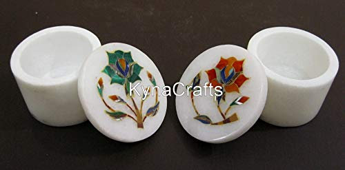 Cottage Art and Crafts Schmuckkästchen, 6,3 cm, Karneol und Malachit, runde Form, weißer Marmor, Mehrzweckbox von Cottage Art and Crafts, Set mit 2 Stück