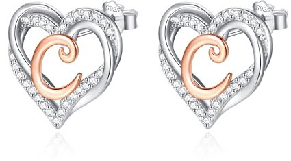INFUSEU Buchstaben Ohrring, 925 Sterling Silber C Ohrstecker Initial Kleine Ohrringe Rosegold Herz Buchstabe A-Z Vorname Alphabet Initialen Personalisierter Schmuck Geschenke für Frauen Mädchen Damen