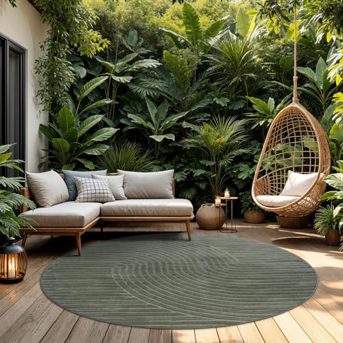 TT Home Outdoor Teppich Rund 160 cm Grün, Wetterfest & Robust modernes Boho Skandi Design mit 3D-Optik, für Terrasse & Wohnzimmer