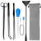 Extra Long Aquarium Aquascape Kits, 6 in 1 Aquatic Plant Aquascaping Tool Stainless Steel Tweezers Scissors Spatula PH Tester Cleaning Brush for Aquarium Tank Clean Fish Tank Aquascape Tools Sets (Bla