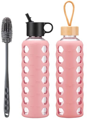 BLUEGO Botellas de cristal, 700 ml Vaso de cristal, botellas para beber con 2 tapas, botella de agua deportiva con funda de silicona, a prueba de fugas, color rosa