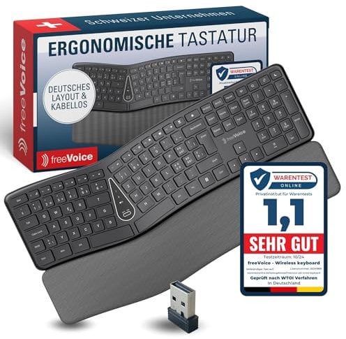 freeVoice Ergonomische Tastatur kabellos – Geteiltes Tastenfeld & Handballenauflage – Kabellose PC Tastatur für Büro & Homeoffice – Deutsche Tastatur mit USB-Empfänger Tastatur kabellos ergonomisch