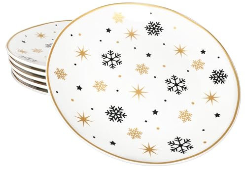 MamboCat Lot de 6 assiettes à gâteau Stars noires et dorées I Assiettes à petit-déjeuner en faïence pour 6 personnes Étoiles et flocons de neige pour Noël, l'Avent et Saint-Nicolas