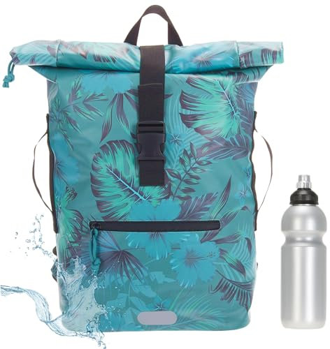 Elephant Rucksack Herren Plane Time Bag Kurierrucksack Roll-Top Fahrradrucksack Sport Fitness Damen 23 Liter A4 12821 + Flasche (12818 Petrol Flower (5))