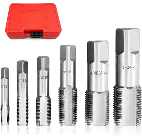 Hengrongshen 6 Pièces Tarauds à Tube BSP 1/8, 1/4, 3/8, 1/2, 3/4, 1 en Acier au Carbone pour Filetage Précis, Différents Types de Tuyauterie, Mécanique et Bricolage, avec Boîte
