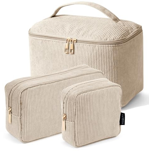 MAGEFY 3er Set Kosmetiktasche Kulturtasche Damen, Cord Make up Tasche mit Fächern Reise Make up Tasche für Mädchen Frauen (Beige)