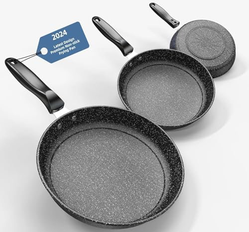 Kiseely Lot de 3 poêles 26/28/30cm, revêtement anti-adhésif en céramique sans PFAS avec de vraies particules de pierre, passe au lave-vaisselle (FG1)