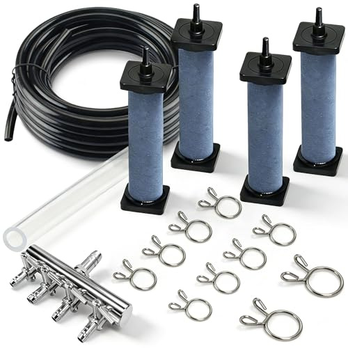 Biling 5/16 Airline Tubing Kit, 82 Ft Flexible Black Pond Aerator Tubing with 4-Way Splitter & 4 Air Stones for Ponds, Aquariums, Septic Tanks (8mm ID)