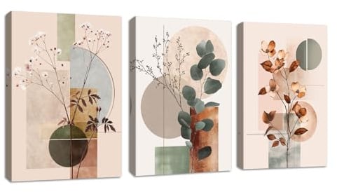 3Pcs Beige Geometrisch Abstrakt leinwand Bilder mit Rahmen Botanisch Baumwolle Eukalyptus Blatt Wandbilder Pflanzen Blumen Bild Auf Leinwand Kunstdruck Deko für Wohnzimmer schlafzimmer Büro 50X70cmX3