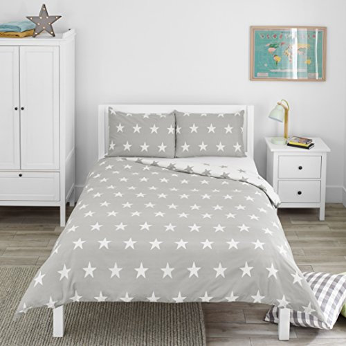 Bloomsbury Mill - Housse de Couette 200 x 200cm pour Enfants - Étoiles Grises & Blanches - Parure de lit Réversible et 2 Taie d’Oreiller pour Garçons et Filles - Lit Double