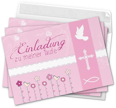 10 x Einladung zur Taufe/Einladungskarten mit Umschlag im Set/Einladung zu meiner Taufe Rosa Modern/Baby Taufkarte/Grußkarte/Postkarte /
