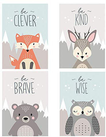 4er Set Babyzimmer Bilder Kinderzimmer Bilder DIN A4 ohne Bilderrahmen Fuchs Bär Hirsch Kauz Kinderzimmer deko mädchen kinderposter Dekoration Kinderzimmer Waldtiere Zimmer Bilder für Mädchen & Junge