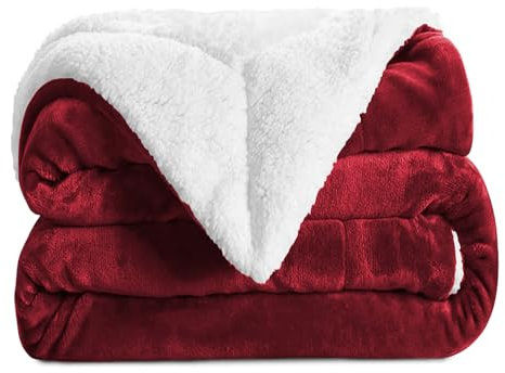 Aspire Homeware Burgundy Sherpa Fleece Blanket Reversible Christmas Throw King Size Bed Blankets Soft Fluffy Thick Large Travel Blanket Microfiber Sofa Throws for Winter (200 x 240 cm)