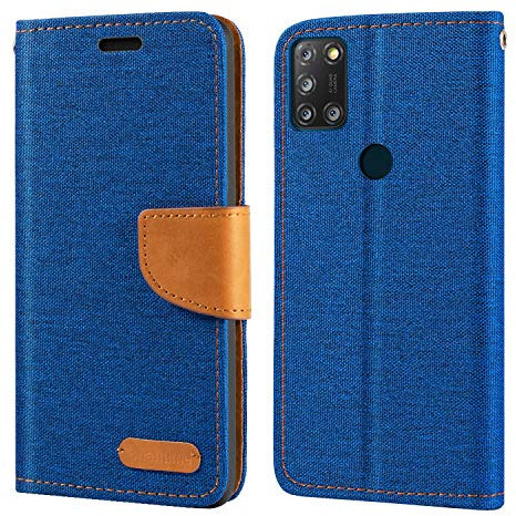 Funda Tipo Cartera de Tela Oxford y Cuero PU Compatible con Alcatel 3X 2020(4 Cameras), Protección Resistente con Ranuras para Tarjetas y Cierre Magnético (Azul)