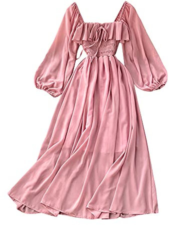 YM YOUMU Robe d'été à manches longues bouffantes en mousseline de soie pour femme, rose, Taille unique (taille petit)