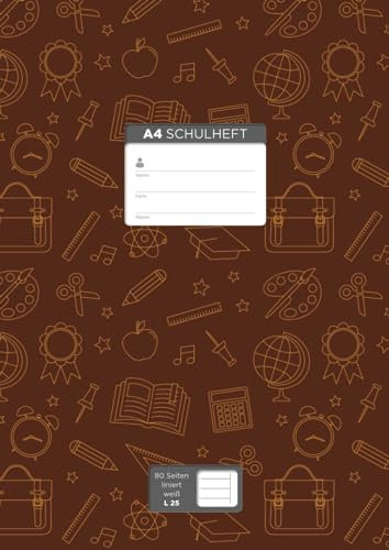 A4 Schulheft für „Vielschreiber“, 80 Seiten, liniert mit Rand, Lineatur 25, weißes Papier: Cover-Farbe: braun, Illustration Schule, (10 verschiedene ... Seitenzahlen, Adressteil, und Kalender 2022