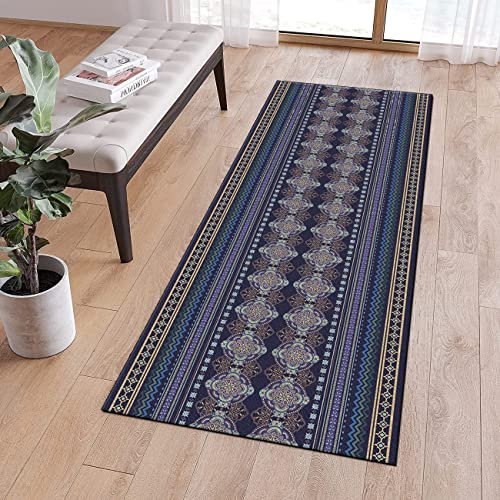 QQrunner Teppich Läufer Flur Küche, Vintage Marokko Blau Lila Küchenteppich rutschfest 100x350cm Waschbar Meterware Lang Teppichläufer Küche Schlafzimmer Korridor, Anpassbare Größe, 40-120cm Breit