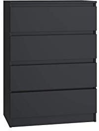 CDF Kommode Schwarz mit 4 Schubladen 97 cm Hoch Sideboard Schmale Komode Schlafzimmerkommode für Flur Büro Schlafzimmer Wohnzimmer Schubladenschrank Regal mit Schubladen Schrank Modernes Möbelstück
