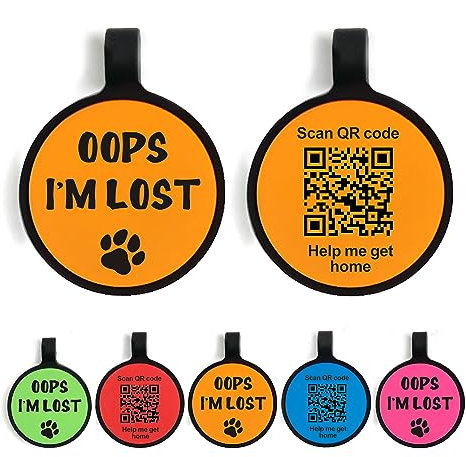 QR Code Dog Tags ID Tags for Dogs Pet Dog Name Tag Silent Silicone Dog ID Tag Cat ID Tag Pet Online Profile Scan QR Receive Instant Pet Location Alert Email (Orange Round)