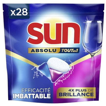 Sun Pastilles Lave-Vaisselle Absolu Tout-en-1 Brillance - 28 capsules - tablettes imbattables sur les taches tenaces - 4x plus d'éclat