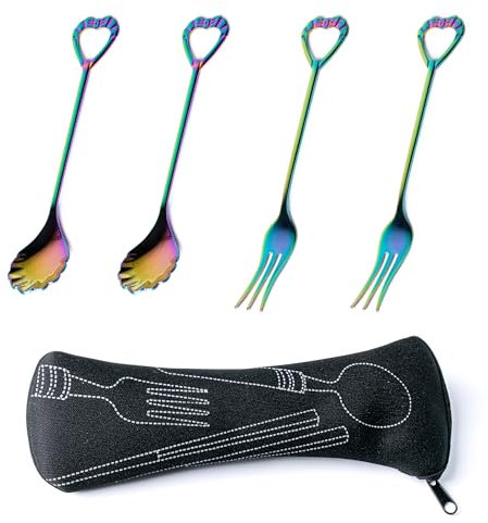 MEGAVOW 5-teiliges Edelstahl-Löffel-Gabel-Set, Mini-Muschelform, Kaffee-/Teelöffel, Dessert-Gabel mit Aufbewahrungstasche für Zucker, Kuchen, Eis, Tee, Rühren, Mixen von Geschirr