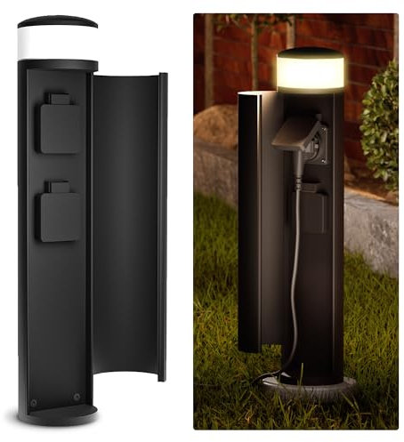 SSC-LUXon PALISO Energiesäule Garten mit Licht und 2 Steckdosen outdoor - schwarze Pollerleuchte außen led IP44 inkl. G9 3W warmweiß