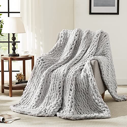 L'AGRATY Grobstrick-Decke: 203,3 x 228,6 cm, Chenille, grob gestrickt, Überwurfdecke für Bett, Couch, handgefertigt, dick, große Zopfstrickdecke, große grobe Häkelseil-Decke für Heimdekoration (grau)