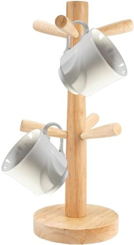 SZKKQKJ Soporte para tazas, soporte para tazas de café de madera, soporte para pretzels con 6 ganchos para cafetería y cocina