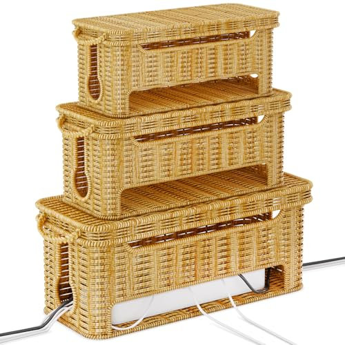 NiHome 3er-Pack Rattan Kabelbox, Kabelmanagement Box für Schreibtisch & Büro, Steckdosen Verstecken,Cable Box für Ordentliches Kabelmanagement, Langlebig & Belüftet für Kabelsalat im Büro und Zuhause