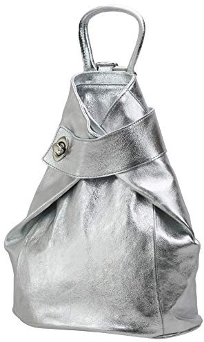 SH Leder Leichter echt Leder Damenrucksack CityRucksack Daypack Frauen Rucksack in Genarbt Rindleder 29x34cm Pamela G2517 (Silber)