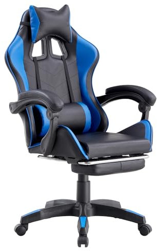 Brigros - Sedia da Gaming Racing Ergonomica Reclinabile con Braccioli, Poltrona Ufficio Girevole con Rotelle, Poggiapiedi, Poggiatesta e Cuscino Lombare in Similpelle, Portata: 125kg (Blu)