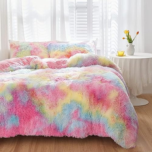 DXHOME Flauschige Bettwäsche 135x200 Extra Warm 4 teilig Winter Plüsch Muster Bettwäsche Kuschelig Weich Bunt Flanell Bettwäsche Kinder Mädchen Einzelbett mit Reißverschluss 2 Kissenbezüge 80x80 cm
