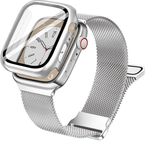 Vamyzji Compatible Apple Watch Strap + 40mm Protective Case with Screen Protector, Adjustable Magnetic Milanese Mesh Metal iWatch Strap for Apple Watch SE Series 6 5 4 (Silver)