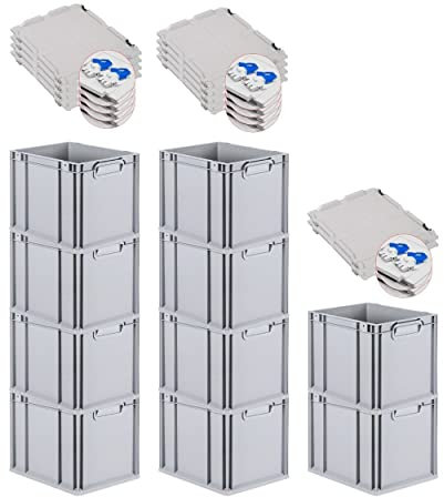 PROREGAL SuperSparSet 10x Eurobox NextGen Grip mit Scharnierdeckel und blauen Schiebeschnappverschlüssen, HxBxT 32x30x40cm, 30 L, Grau, Griffe geschlossen, Eurobehälter, Transportbox