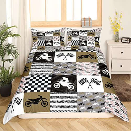 Motocross Bettwäsche Set Schwarz und Weiß Gitter Tröster Abdeckung Motorrad Patchwork Muster Bettbezug Motorrad Dirt Bikes Bettwäsche Sammlungen Pfeil Streifen Extreme Sport Thema Bettwäsche,135x200