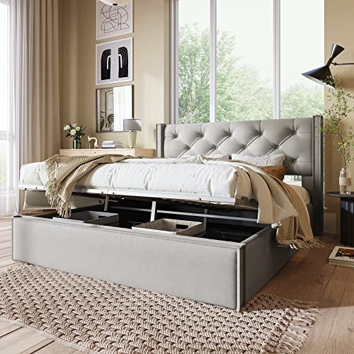 FEZTOY Stauraumbett Hydraulisch Doppelbett Polsterbett 160x200cm, Bett mit Lattenrost aus Metallrahmen, Modernes Bettgestell mit Stauraum, Baumwolle (160x200, HellGrau)
