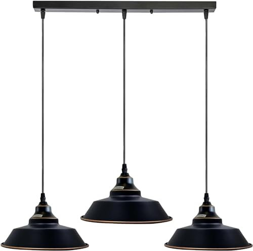 LEDSone Vintage Metal 3 Head Light Industrial Pendant Metal Shade, Hanging Ceiling Light E27 Holder Fitting with 50cm Ceiling Plate (Black Gold Line)