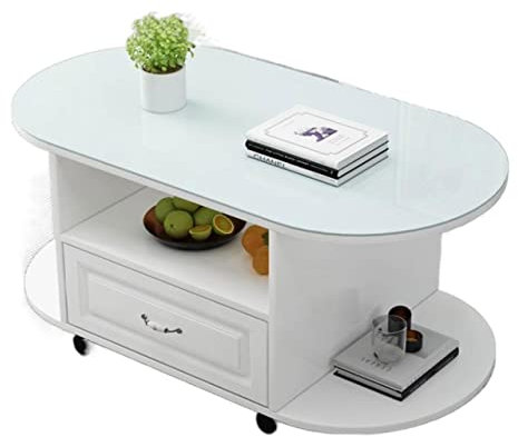 Side Table Ovaler Couchtisch mit Rollen, 3-stufiger Couchtisch mit Ablagefach und Schublade, moderner Couchtisch mit Rollen for Wohnzimmer, modernes Design, Wohnmöbel, 31,5 x 15,7 x 17,7 Zoll Beistell