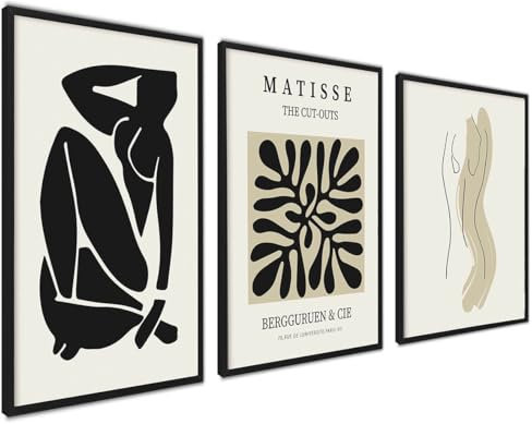 Schwarz Beige Matisse Poster Set | 3 Stück 50x70cm mit Rahmen schwarz | Abstrakte Wandkunst Frauen Kunst Boho