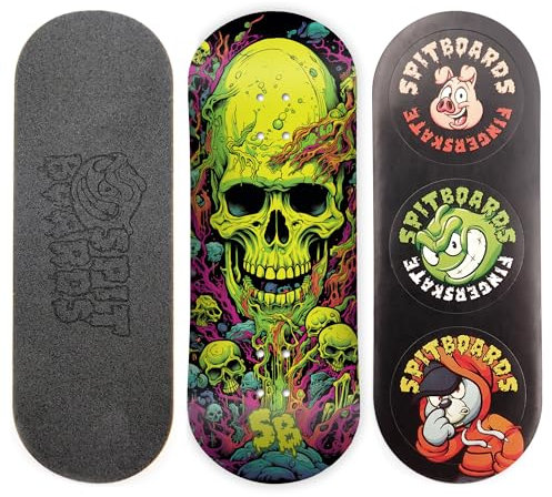 SPITBOARDS 34mm Fingerboard Deck - Real Wood (5-Layers) Classic Popsicle Street Shape - Size: 34 x 96 mm - Single Graphic Deck (Real Wear) - Optimized Concave - Cave Skull