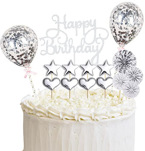 Silver Cake Decoration - 17 Pcs Cupcake Topper with Stars, Paper Fans, Confetti, Balloons for Party Decor