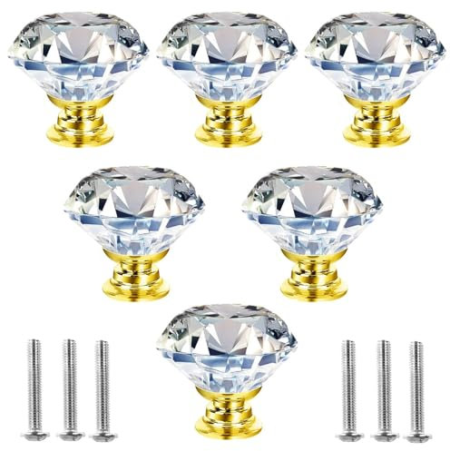 Qshare 6 Pack Crystal Knobs Cabinet Knobs,Single Hole Pull Handle for Drawer Wardrobes Bookcases Dresser Closets Hardware Furniture Decoration (Rhinestone)